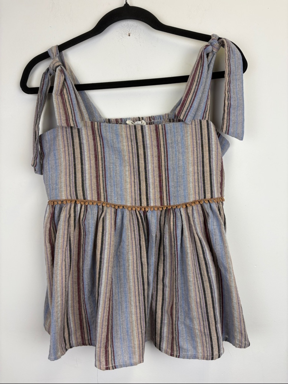 THML Striped Cotton Babydoll Tank Top Tie Strap Boho Blue Medium